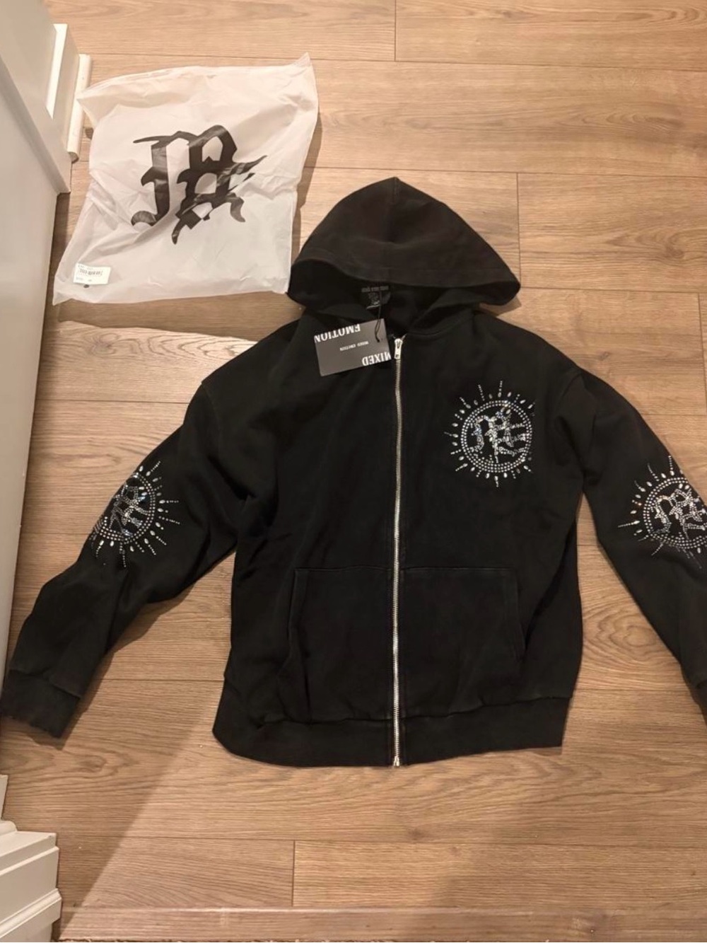 Men's Black Stud-Accented Zip Hoodie Jacket